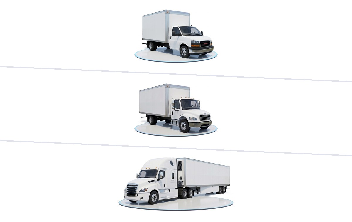Illustration of the three truck classes: small straight, large straight and Class 8 semi